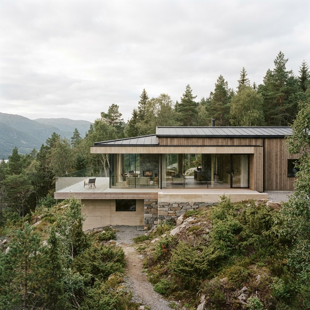 A contemporary Nordic residence set into a forested ridge