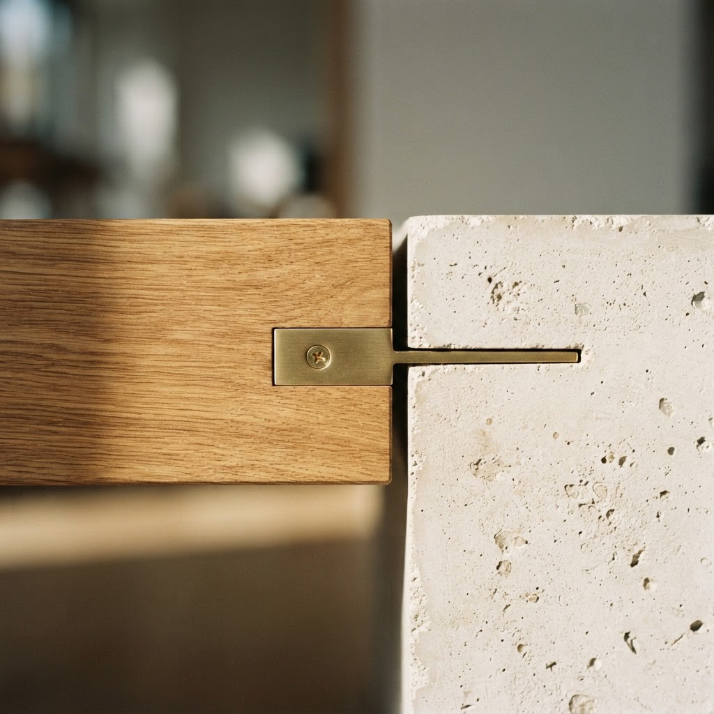 Bespoke brass bracket joining a solid oak beam to a porous travertine block